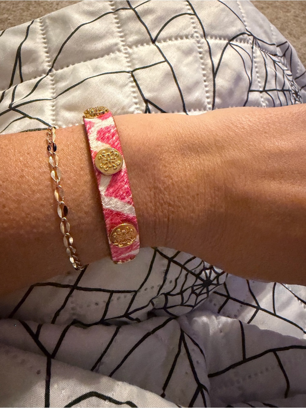 Rustic Cuff Pink and White Leather Bracelet with Gold Buttons